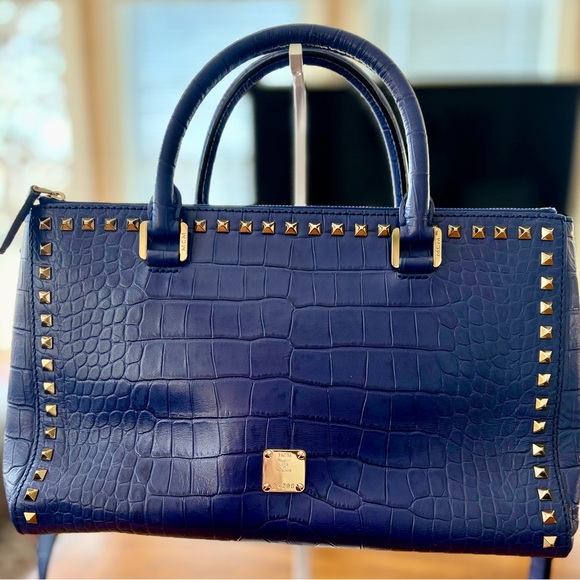 MCM Handbags - MCM Navy Crocodile Embossed Satchel with Gold Studs